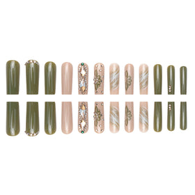DANMANR Green Fake Acrylic Long Nails side view showing various sizes