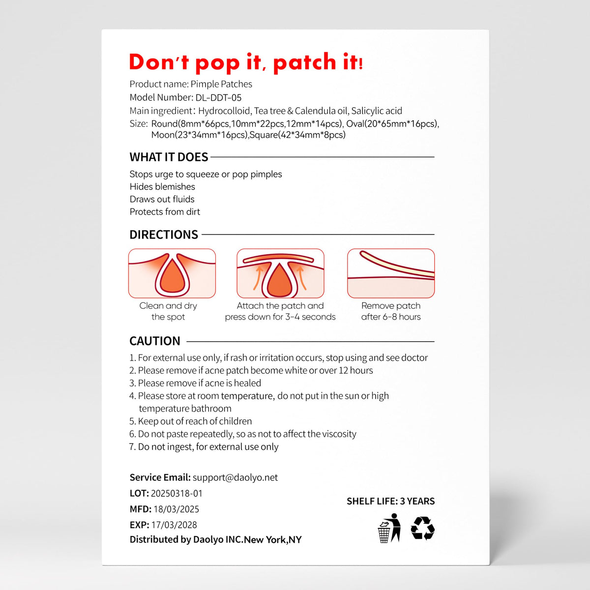 Daolyo acne patches displayed with natural ingredients