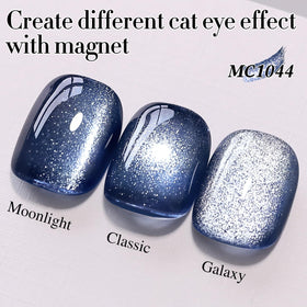 Dark blue cat eye effect created with gel polish