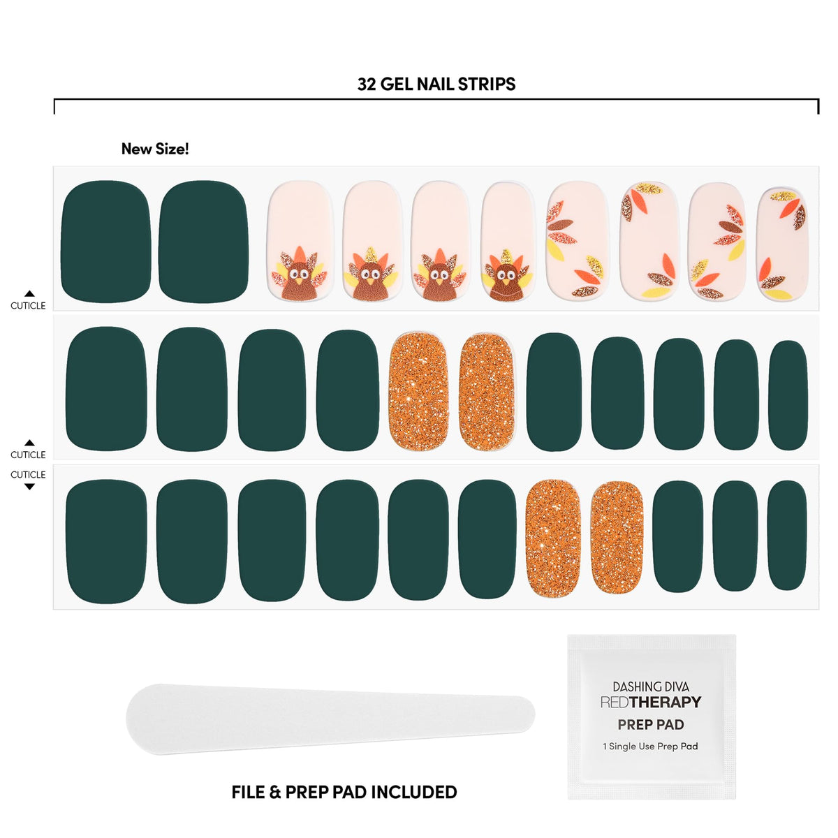 Dashing Diva Fowl Play nail strips showing hunter green and burnt orange glitter