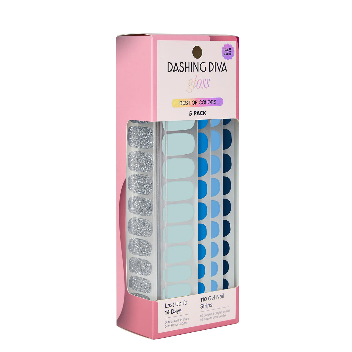 Dashing Diva Gloss Nail Strips 5-in-1 Kit front view with blue designs