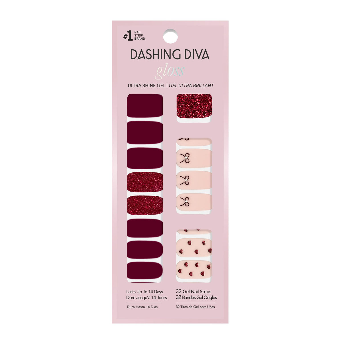 Dashing Diva Gloss Nail Strips Baby Girl front view with maroon and light pink designs
