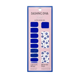Dashing Diva Gloss Nail Strips Flor Azul on a hand with a floral background