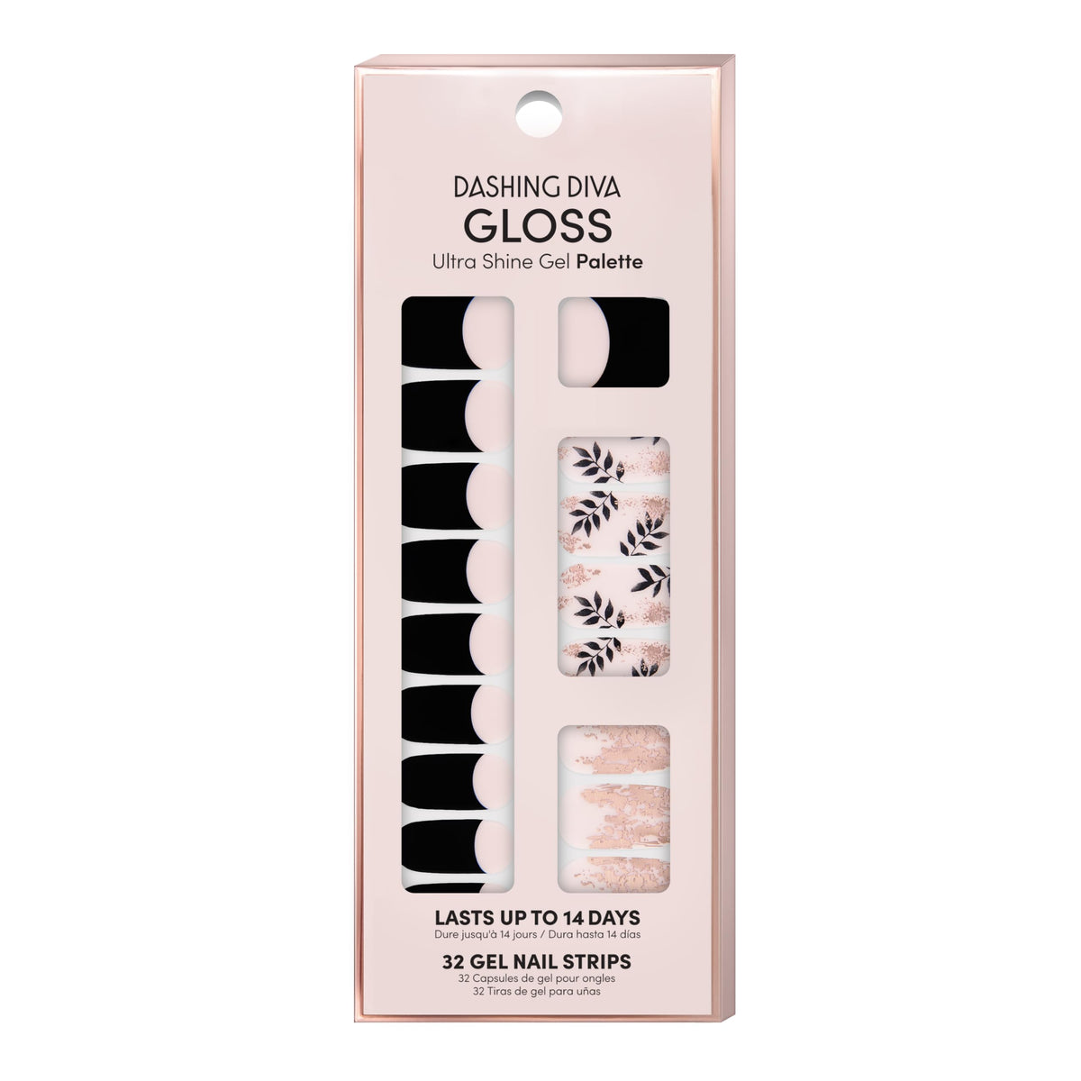 Dashing Diva Gloss Nail Strips Touch of Gold packaging with nail wraps and prep pad