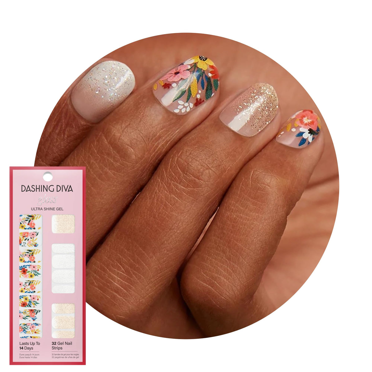Dashing Diva Gloss Nail Strips Wallflower Frenzy white gel strips with floral design