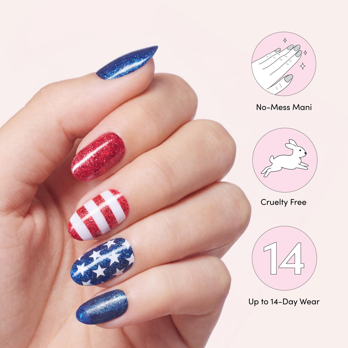 Dashing Diva Patriotic Gloss Nail Strips displayed on a nail table
