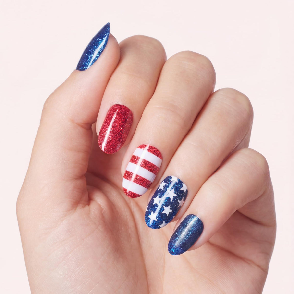 Dashing Diva Patriotic Gloss Nail Strips with silver, red, navy, and white designs