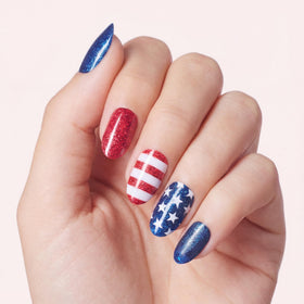 Dashing Diva Patriotic Gloss Nail Strips with silver, red, navy, and white designs