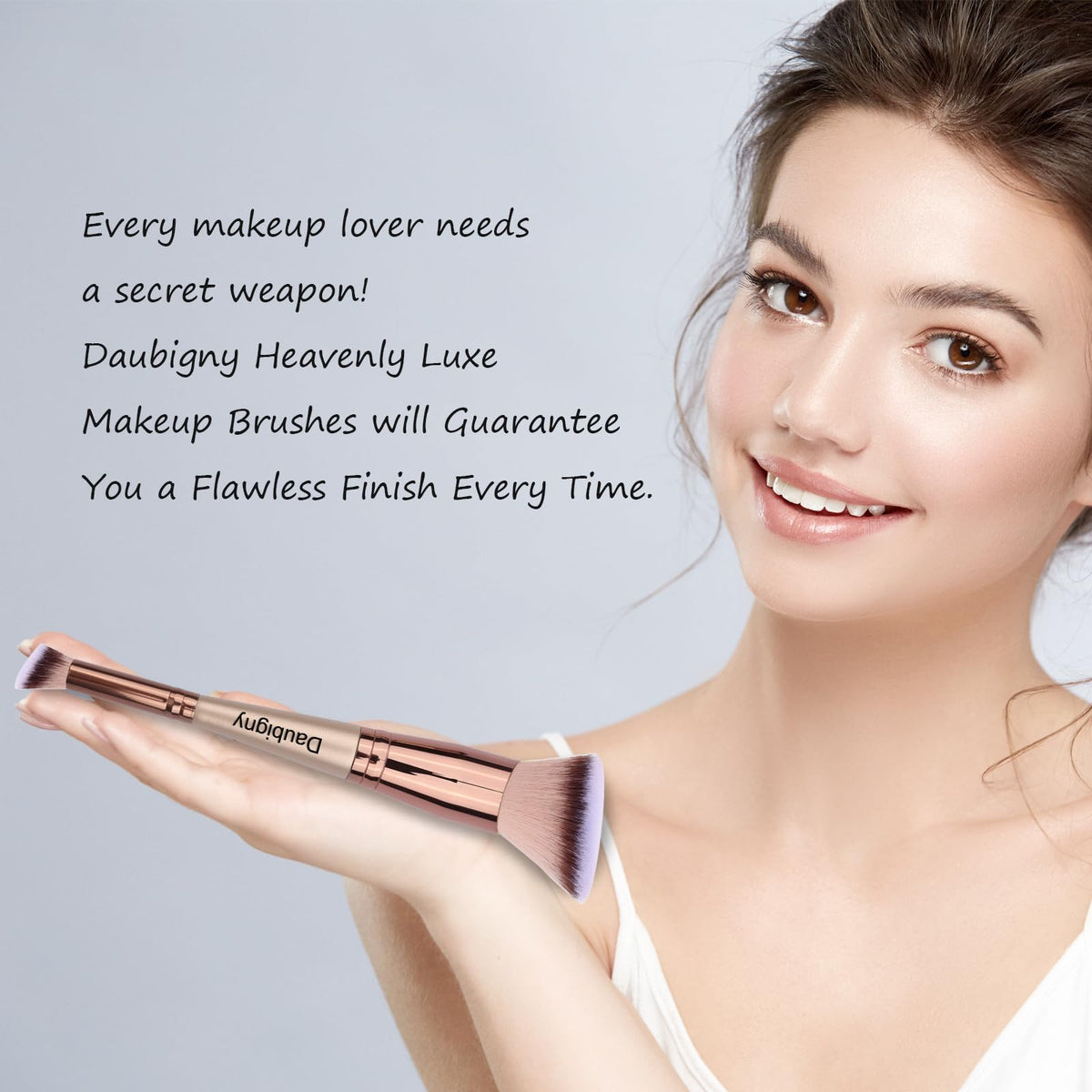 Daubigny Dual-ended Brush on a vanity with makeup products