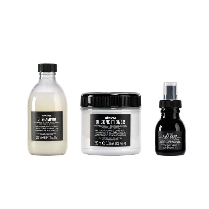 Davines OI Softness & Shine Trio set including shampoo, conditioner, and hair milk