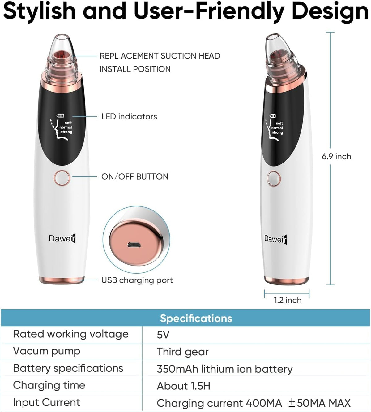 Daweir Blackhead Remover Pore Vacuum side view with tips