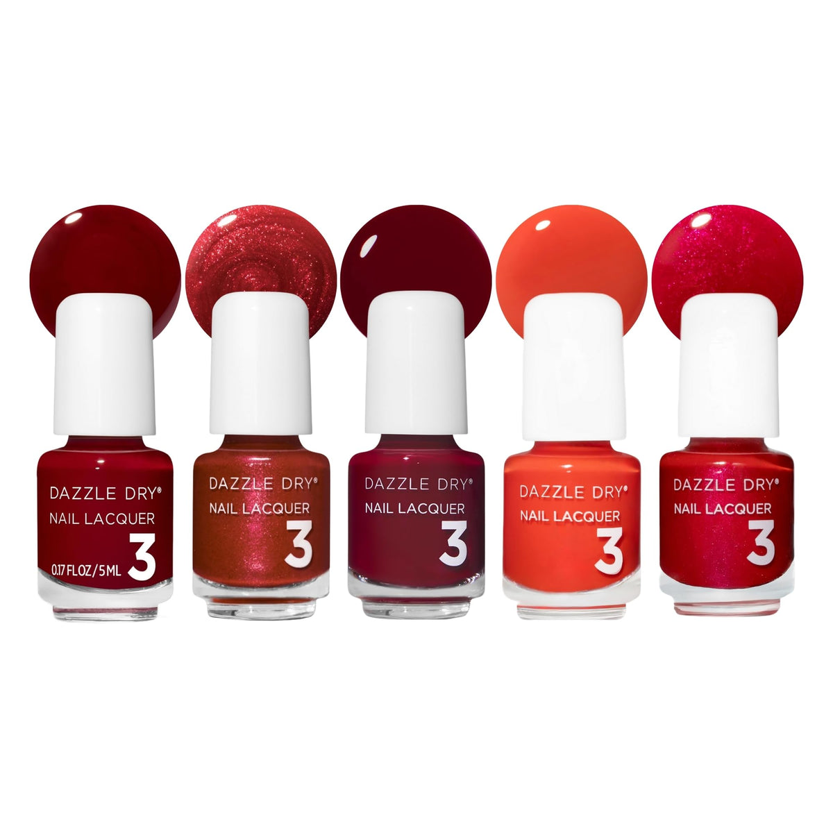 Dazzle Dry Mini Flight Best of Reds collection front view with five mini lacquers
