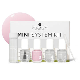 Dazzle Dry Mini Kit contents including Nail Prep, Base Coat, Lacquer, and Top Coat