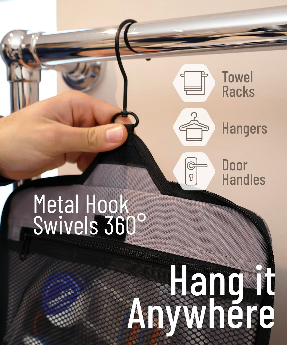 DD D&D Wanderlust Hanging Travel Toiletry Bag in a bathroom setting