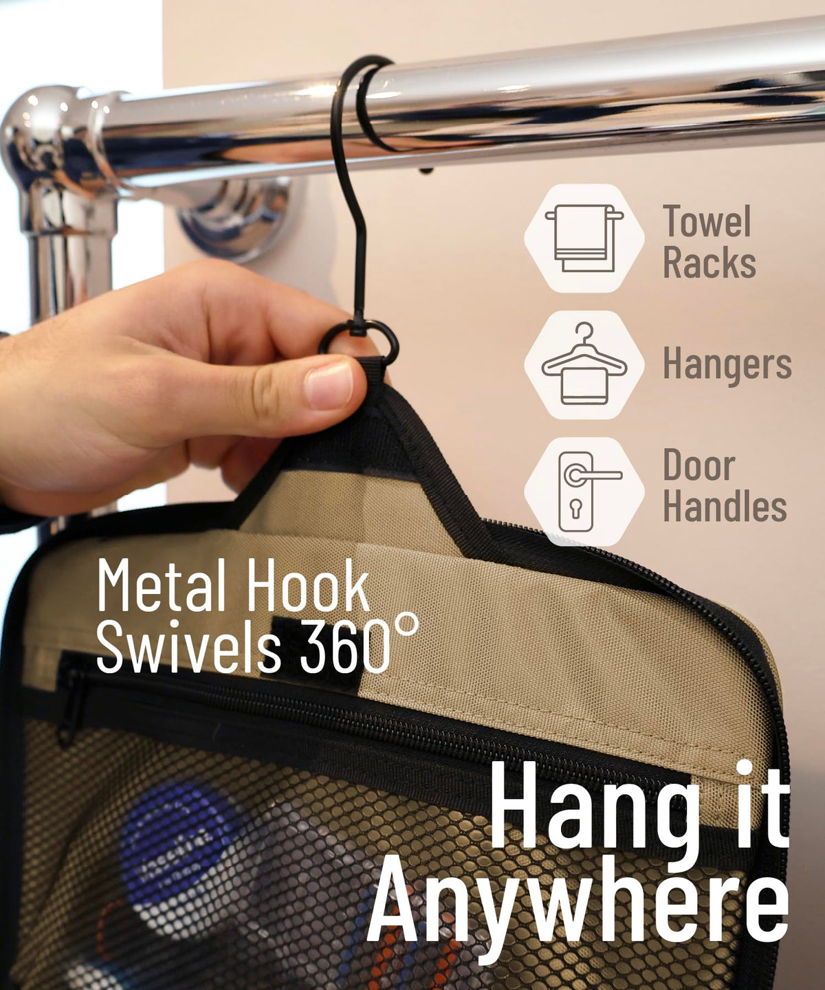 DD D&D Wanderlust Hanging Travel Toiletry Bag in a hotel bathroom setting