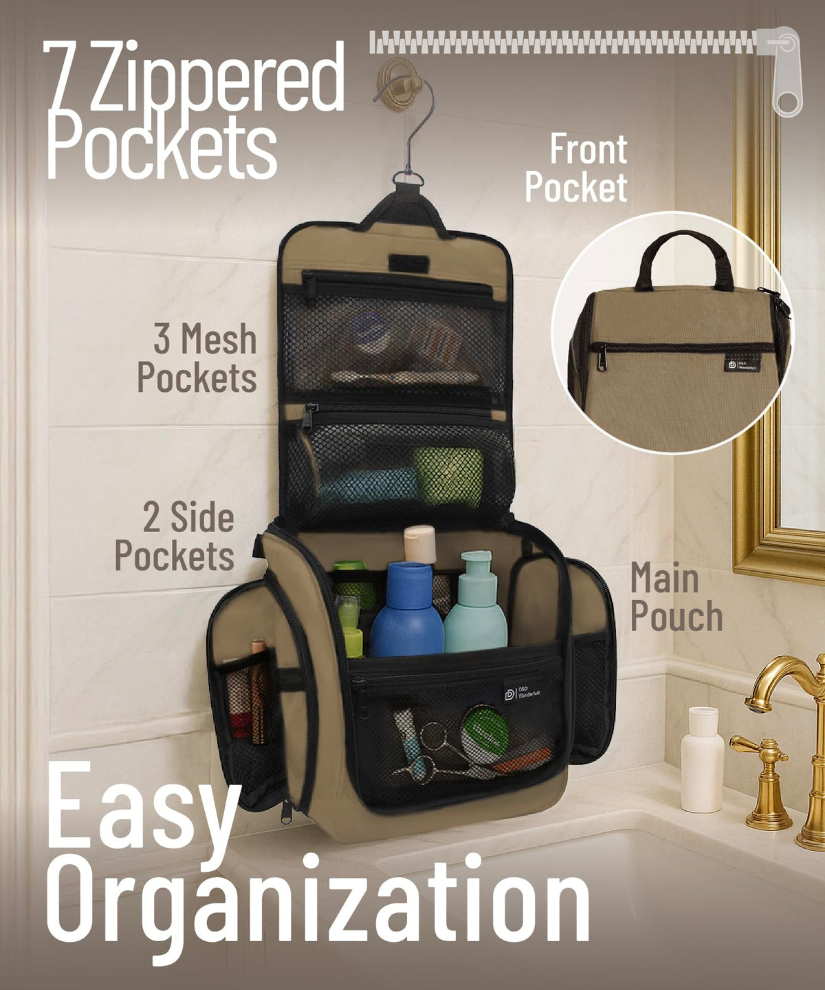 DD D&D Wanderlust Hanging Travel Toiletry Bag side view with zippers