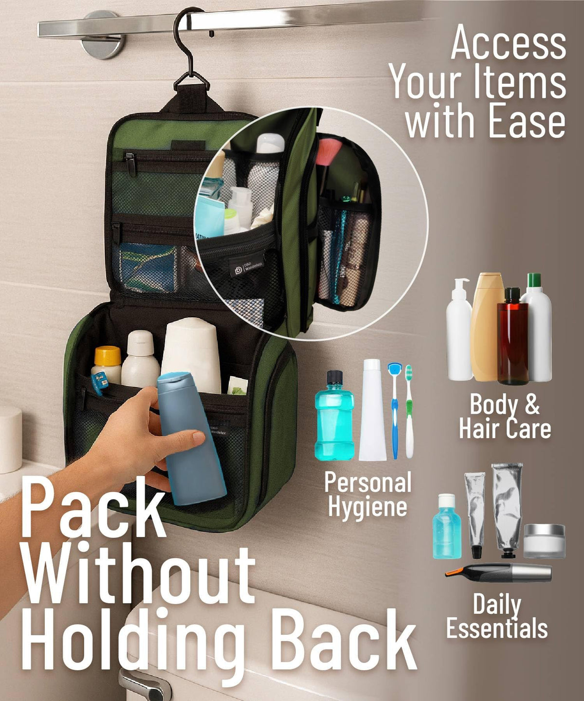 DD D&D Wanderlust Toiletry Bag displayed with toiletries inside