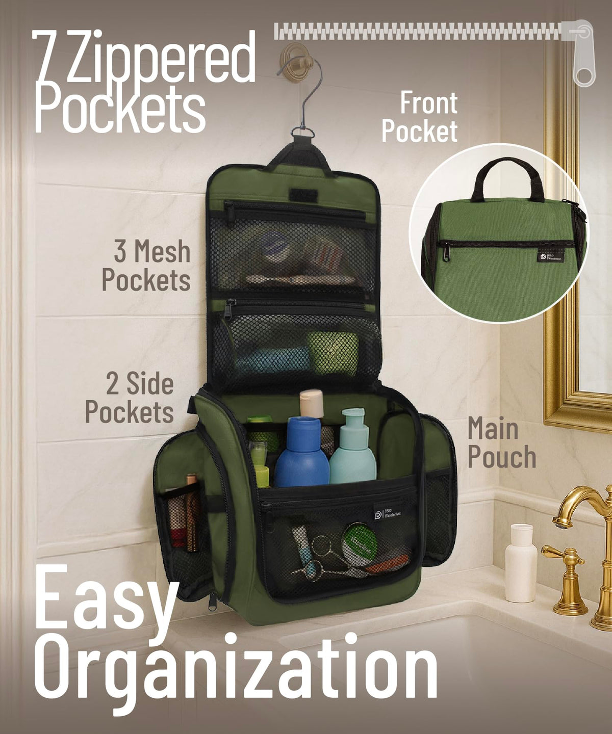 DD D&D Wanderlust Toiletry Bag in use hanging in a bathroom