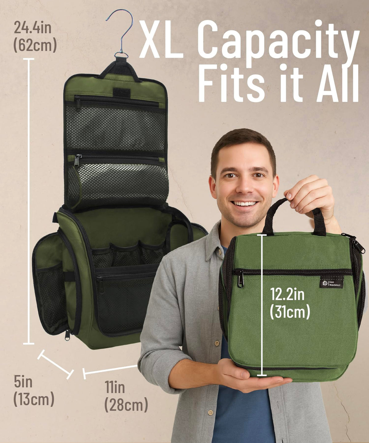 DD D&D Wanderlust Toiletry Bag showing XXL metal swivel hook