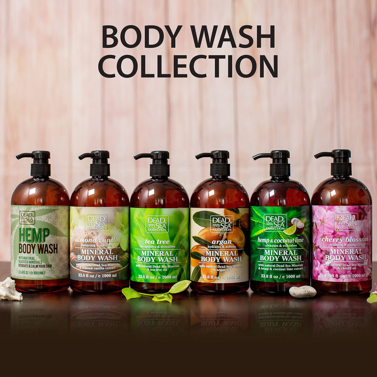 Dead Sea Collection Cherry Body Wash with a towel and cherry blossoms