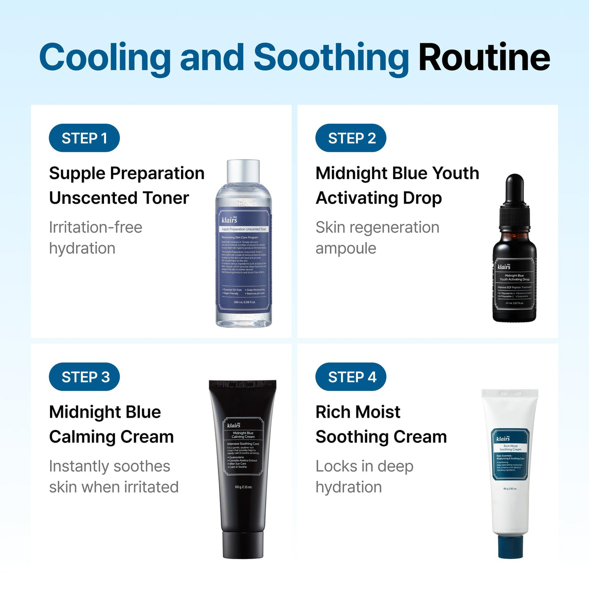 DearKlairs Midnight Blue Calming Cream on a bathroom shelf