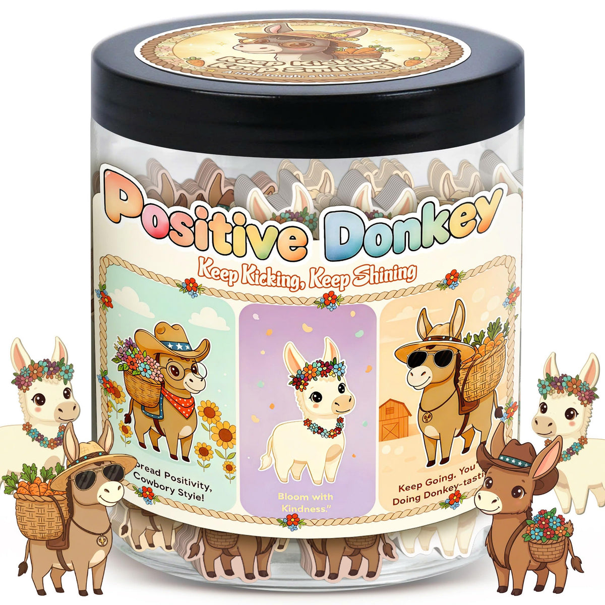 DEARMINE Positive Donkey Jar front view with affirmation cards