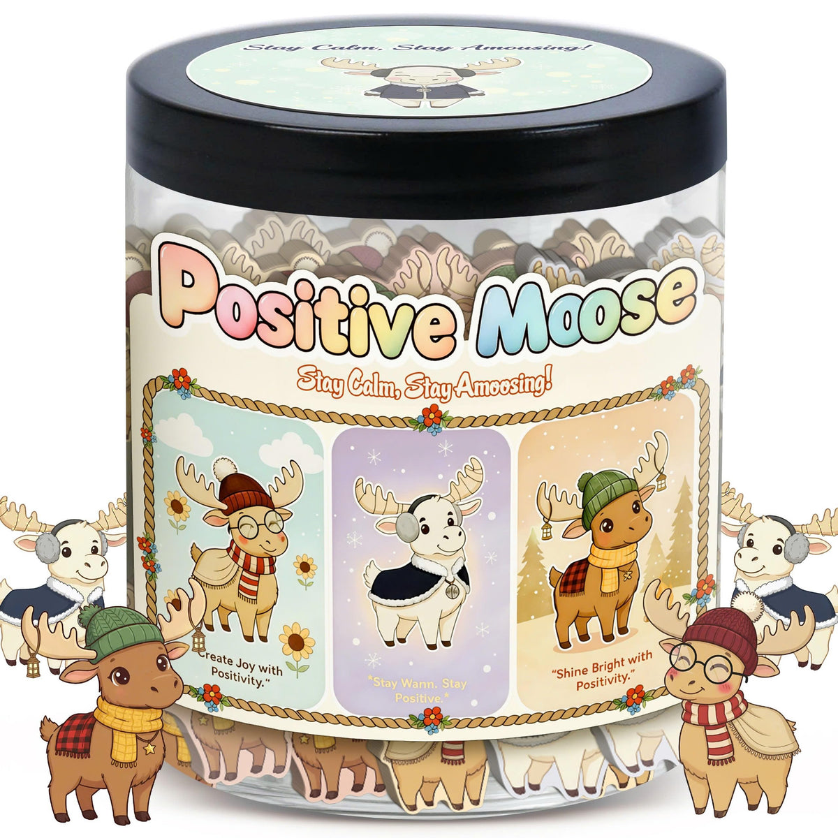 DEARMINE Positive Moose Jar front view with affirmation cards