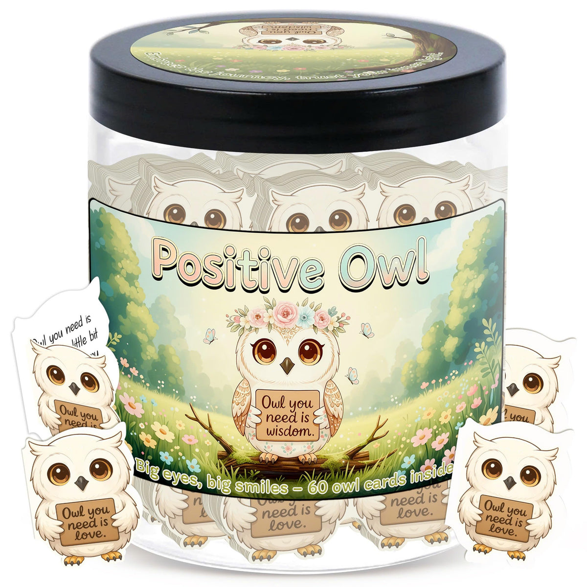 DEARMINE Positive Owl Jar front view with affirmation cards