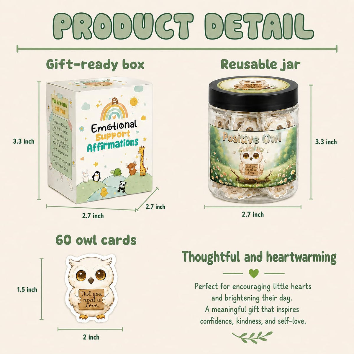 DEARMINE Positive Owl Jar on a desk with motivational cards
