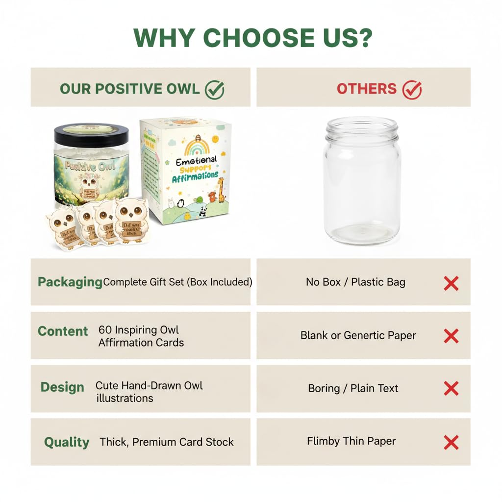 DEARMINE Positive Owl Jar with a few affirmation cards spread out