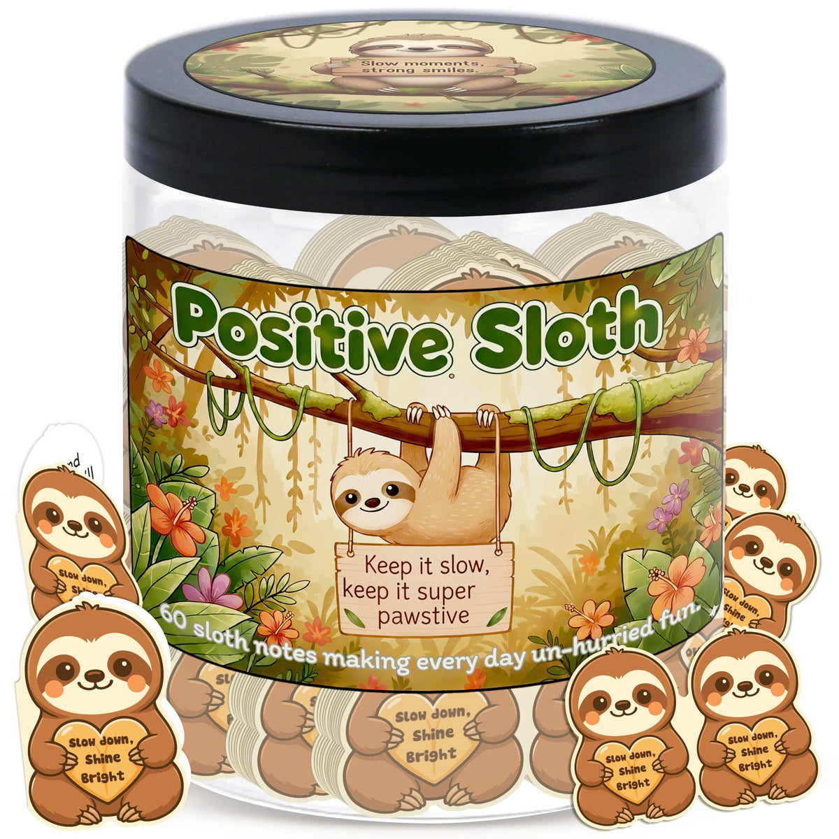 DEARMINE Positive Sloth Jar front view with affirmation cards