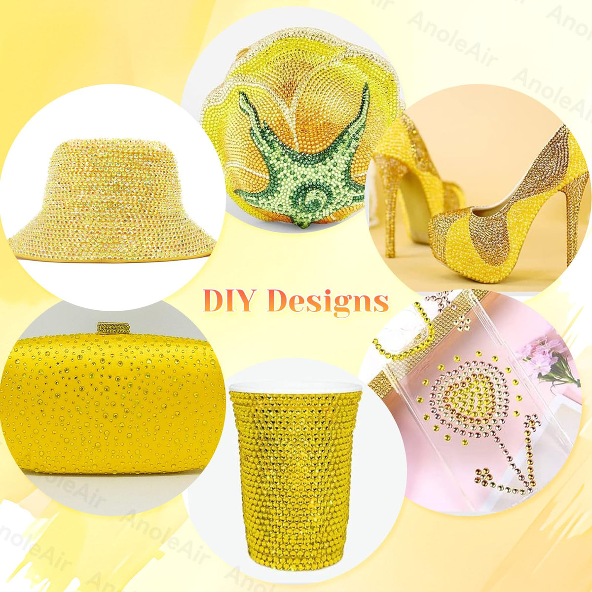 Decorated phone case using AnoleAir yellow rhinestones