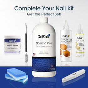 DeEnti Nomma Plus Acrylic Monomer Liquid on a table with manicure supplies