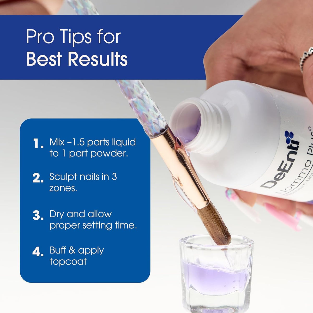 DeEnti Nomma Plus Acrylic Monomer Liquid with nail tools