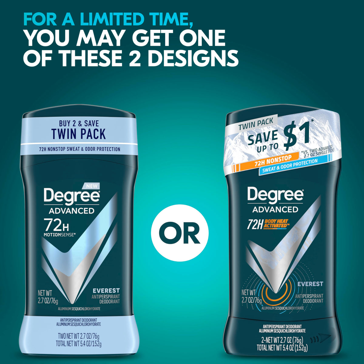Degree Men Advanced Antiperspirant Deodorant Everest packaging side view