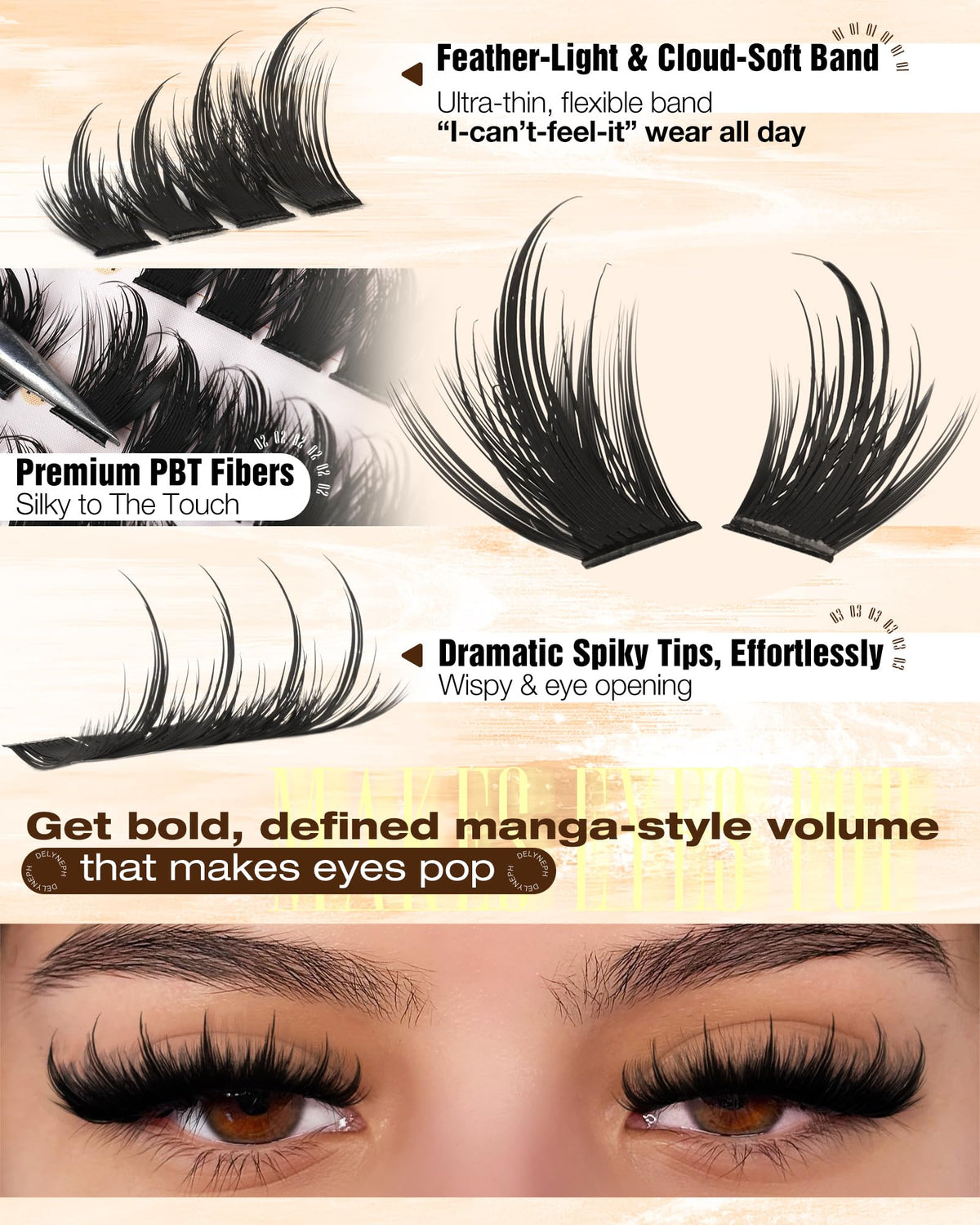 Delyneph Manga Lash Clusters close-up of spiky ends