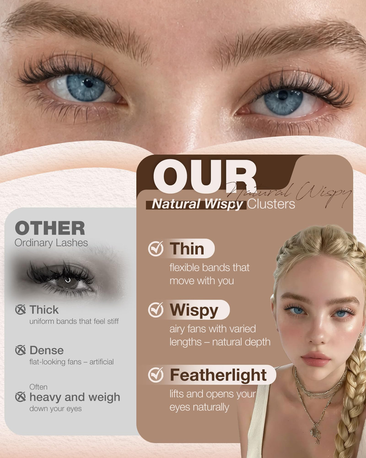 Delyneph Natural Lash Clusters displayed with application tools