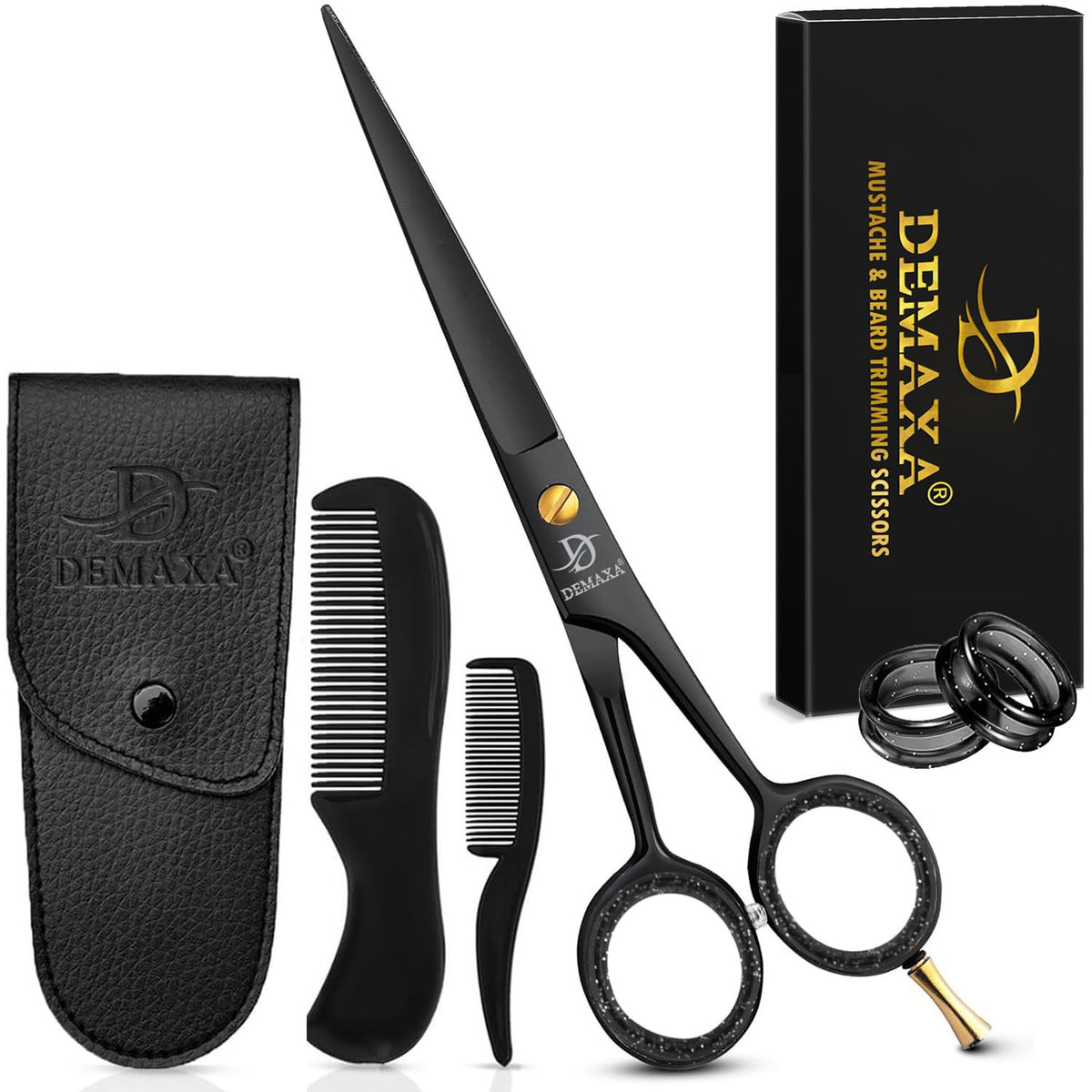 DEMAXA 5-inch beard scissors front view with combs and pouch