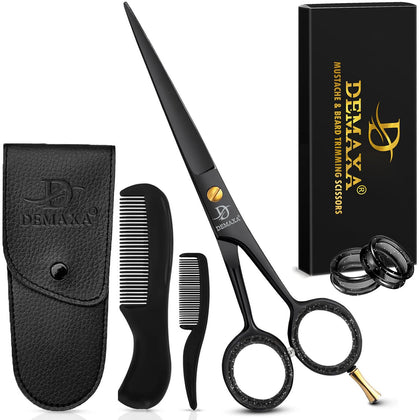 DEMAXA 5-inch beard scissors front view with combs and pouch