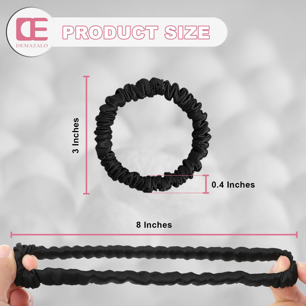 DEMAZALO black silk scrunchies front view