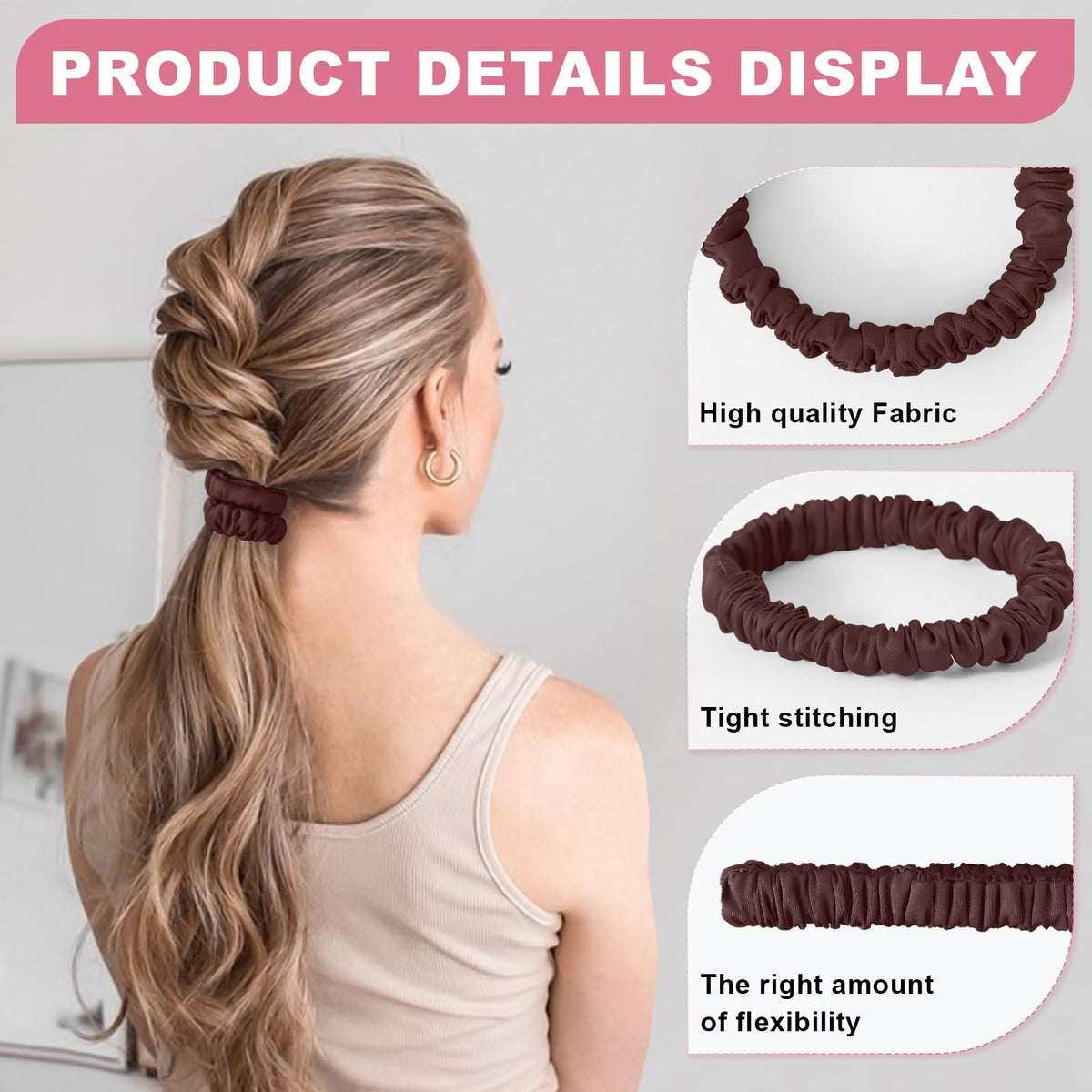 DEMZALO silk scrunchies in use for a high ponytail