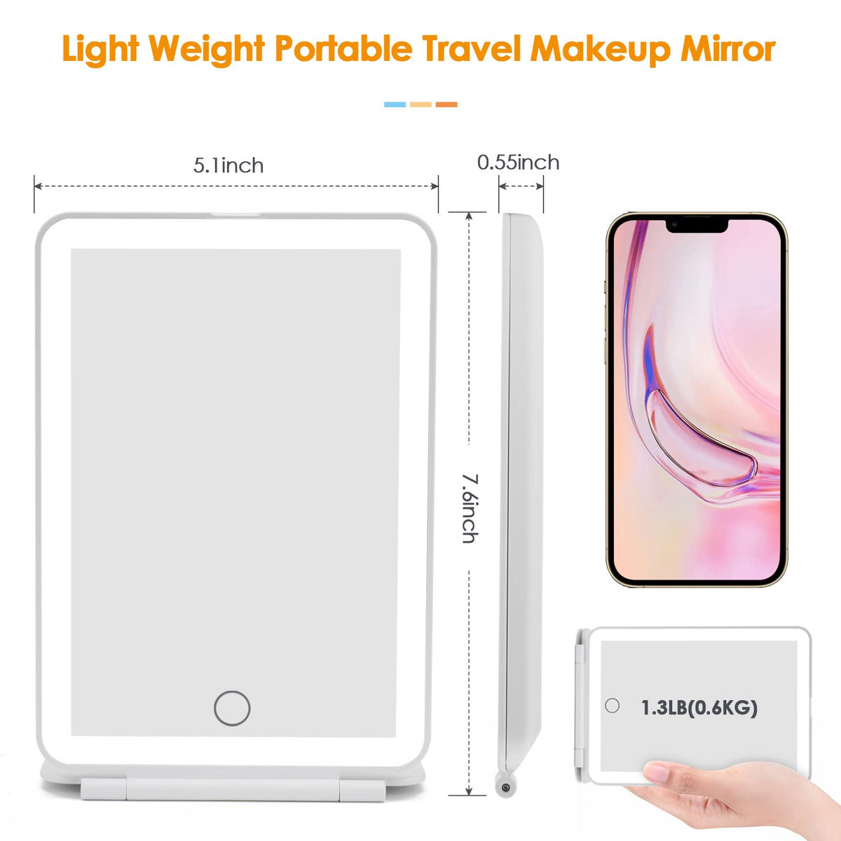 DenCert Travel Makeup Mirror with natural lighting mode
