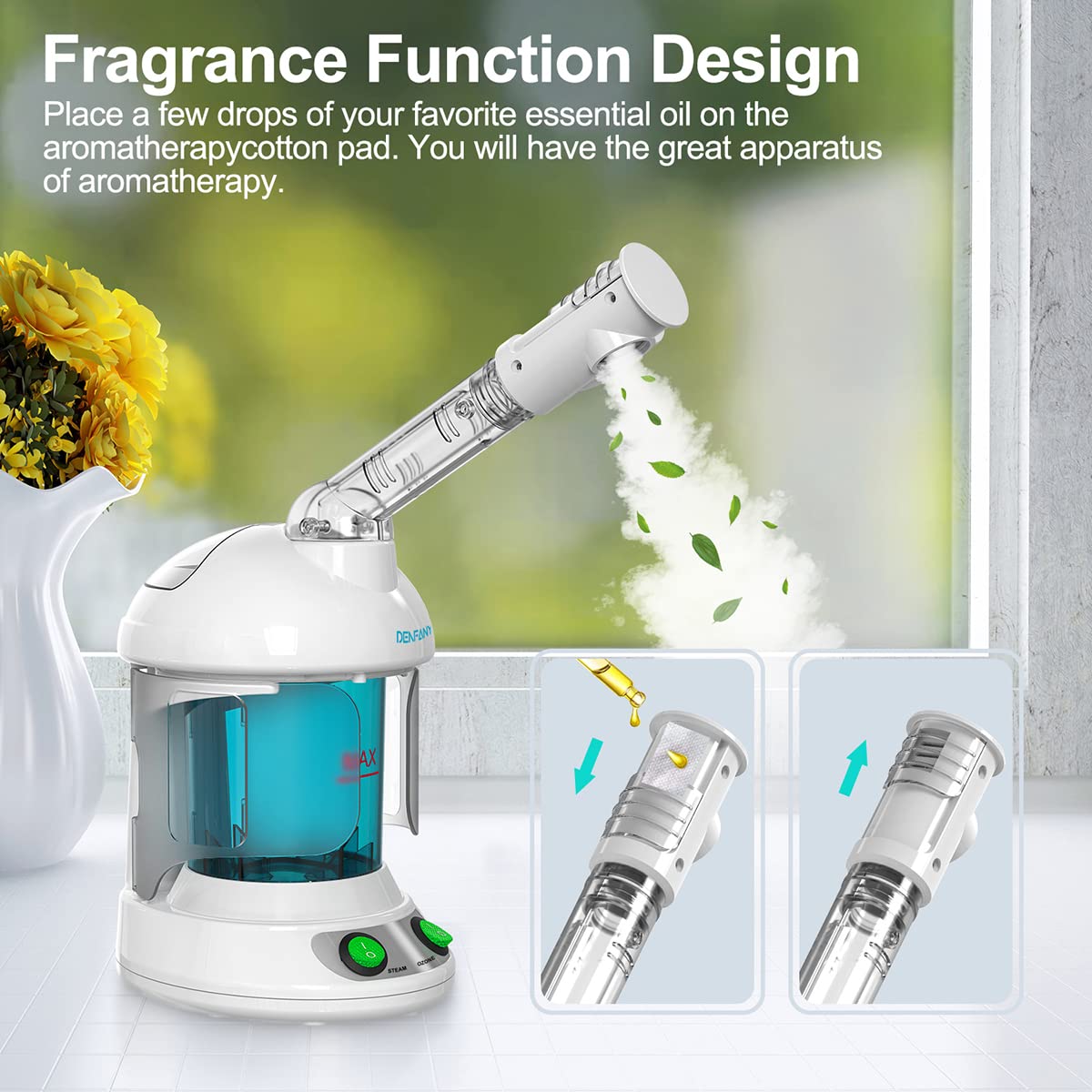 Denfany Facial Steamer side view showing 360° rotatable sprayer