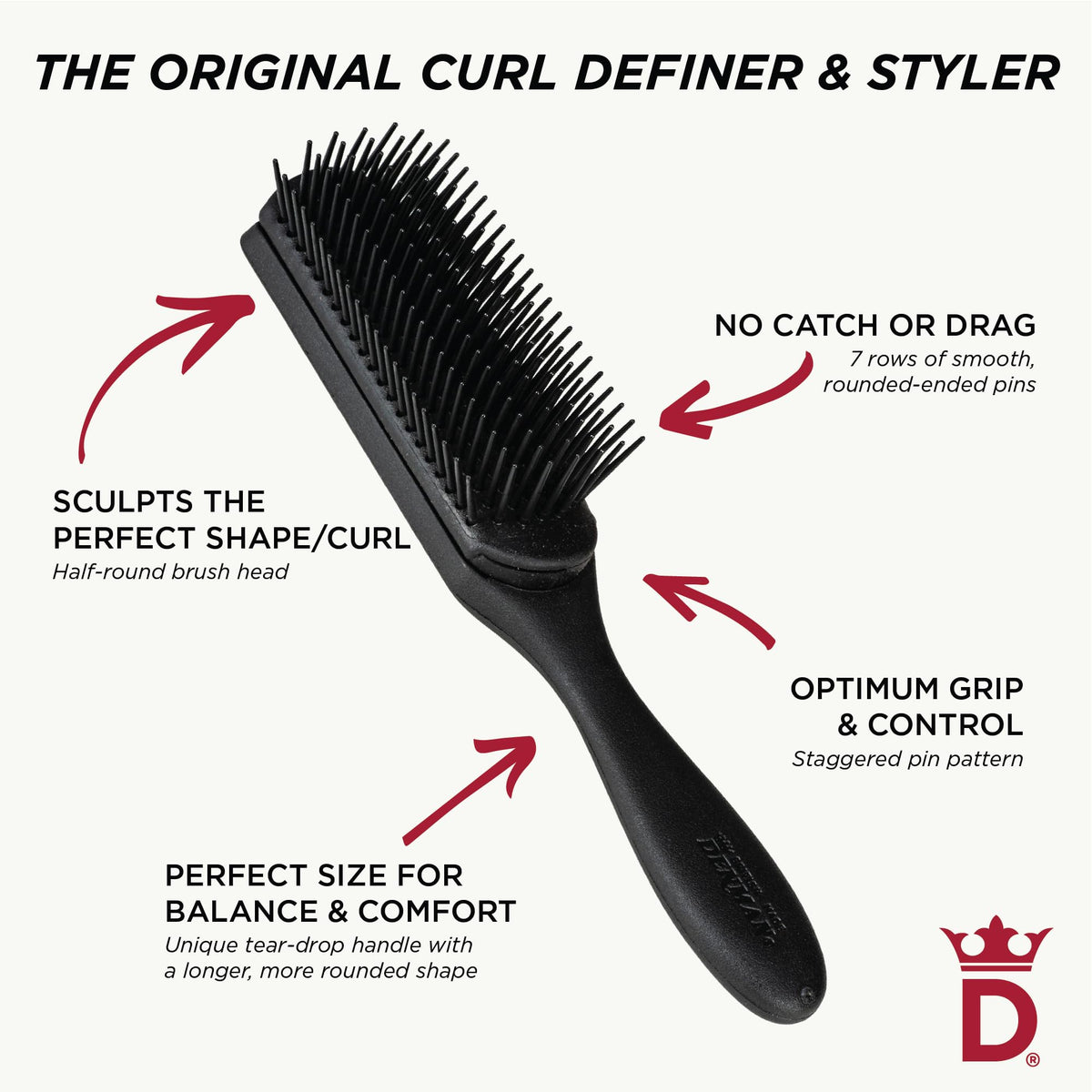 Denman Curly Hair Brush D3 All Black in use on curly hair