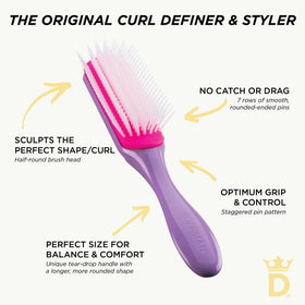 Denman Curly Hair Brush D3 displayed with hair care products