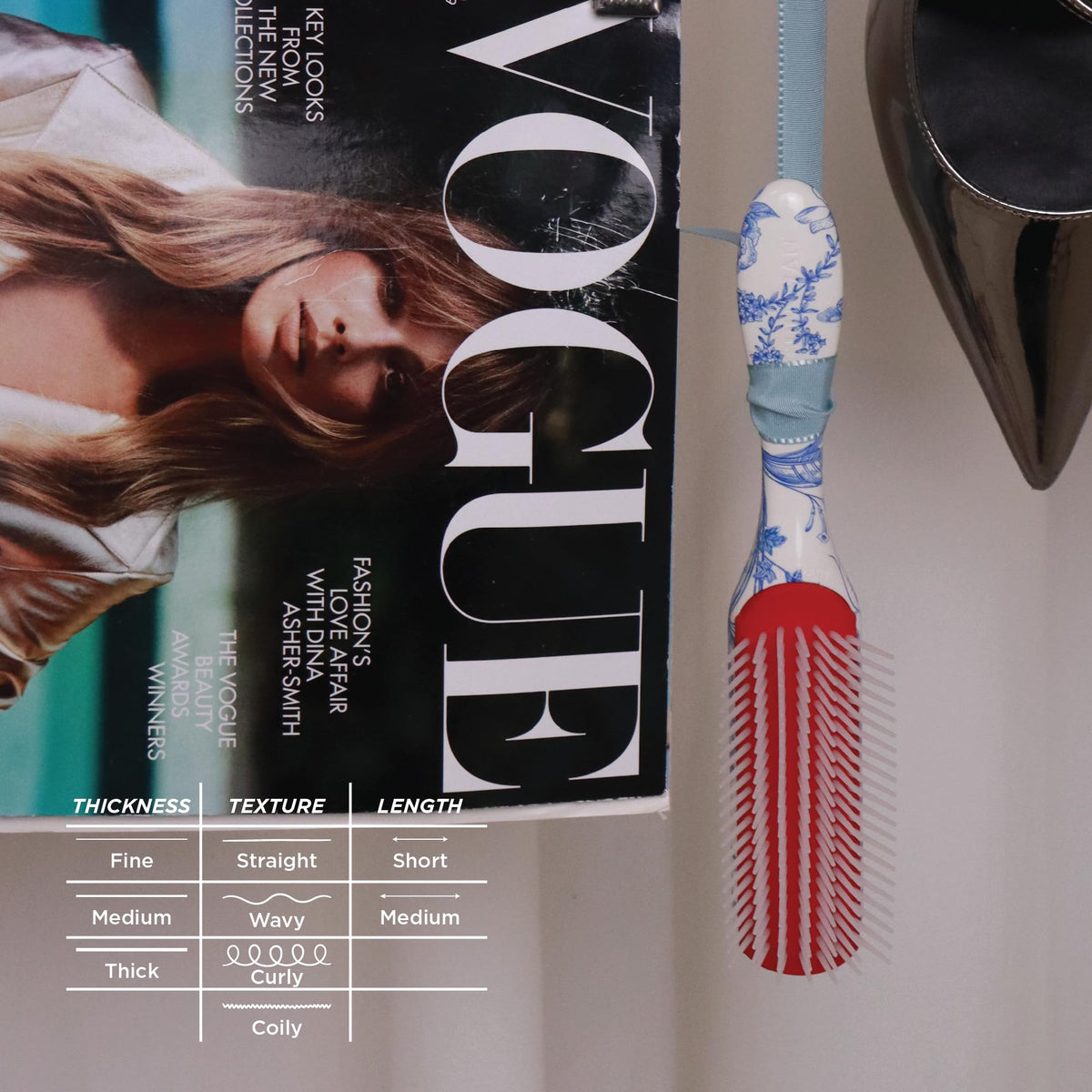 Denman D3 brush lifestyle scene with hair products