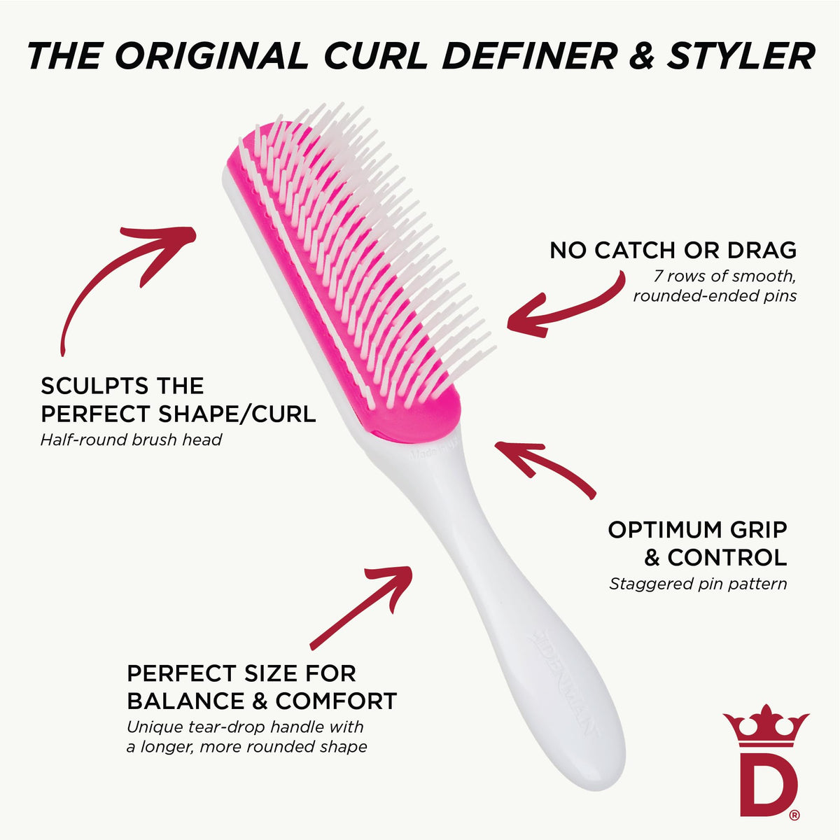 Denman D3 Curly Hair Brush Cherry Blossom in use on curly hair