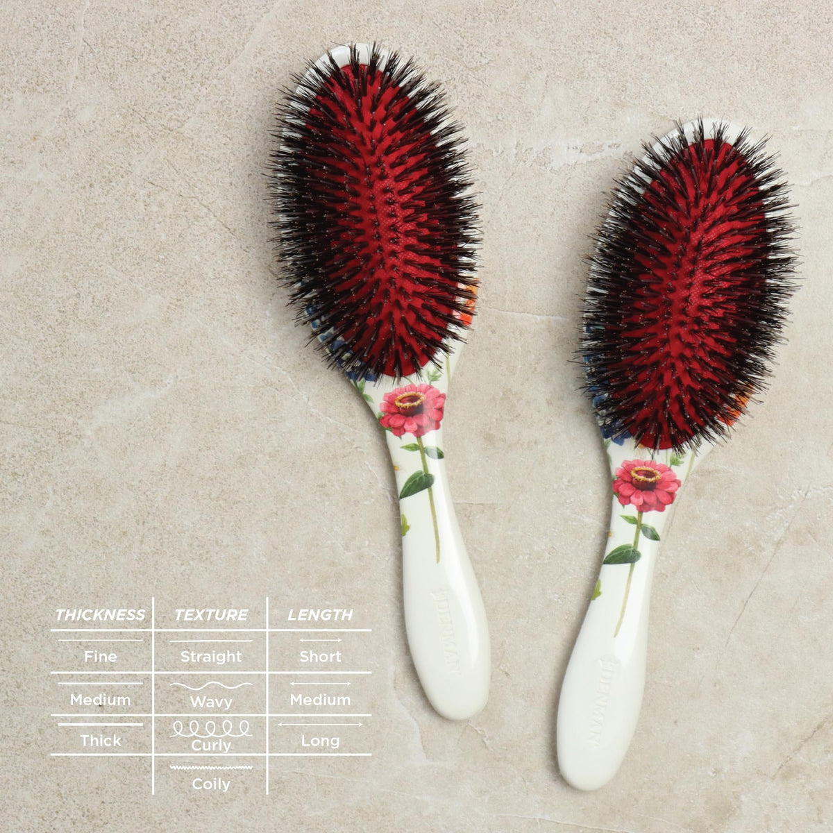 Denman D81M hairbrush on a wooden surface with hair care products