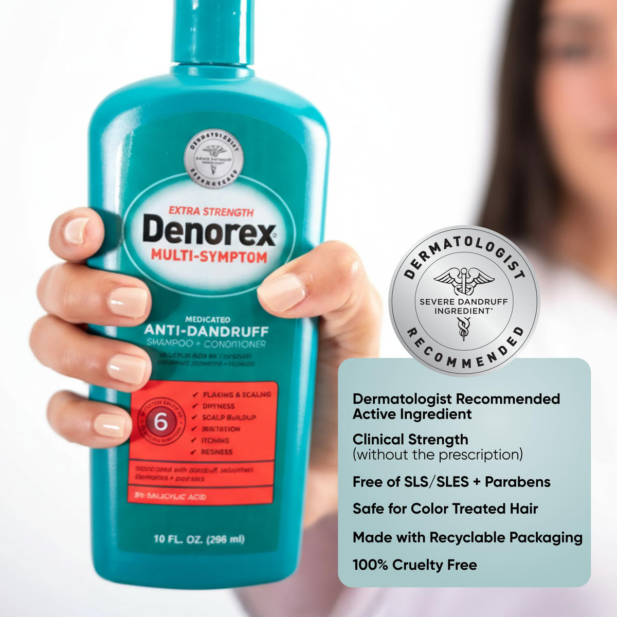 Denorex shampoo and conditioner bottle with ingredients list