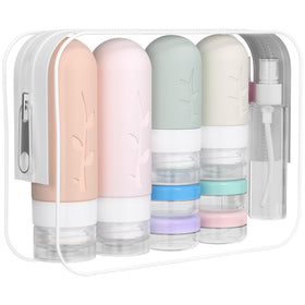 DEPOZA Travel Bottles Kit front view with transparent makeup bag